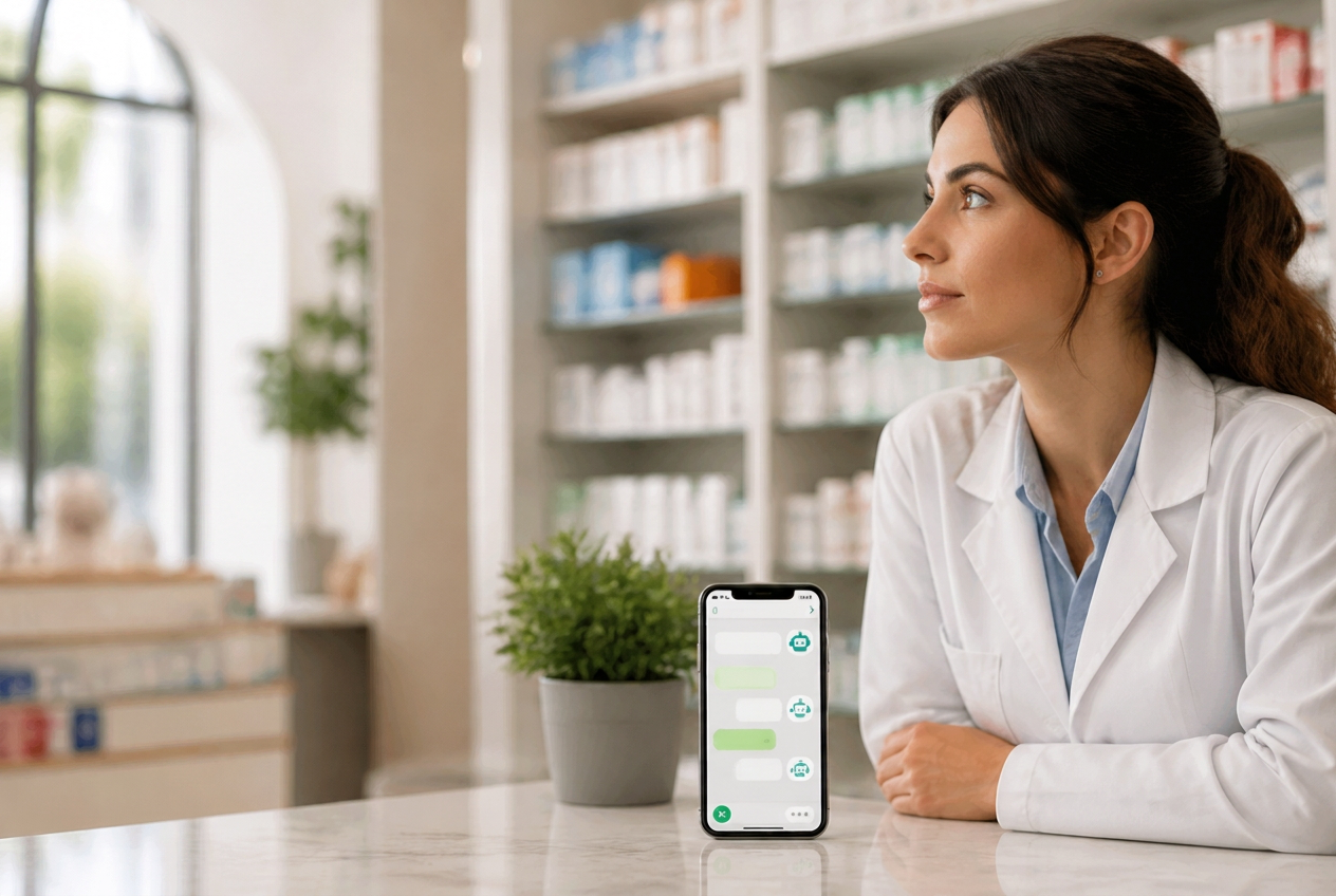 Farmacista al banco con smartphone che mostra l'Agente AI Banco+ su WhatsApp